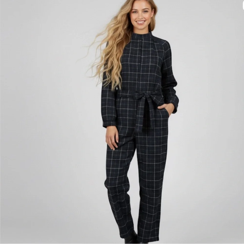 Outerknown Organic Cotton Flannel Jumpsuit Navy Plaid Long Sleeve Small